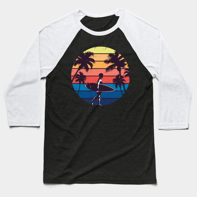 Vintage Sunset Surfing Gift For Surfers Baseball T-Shirt by DragonTees